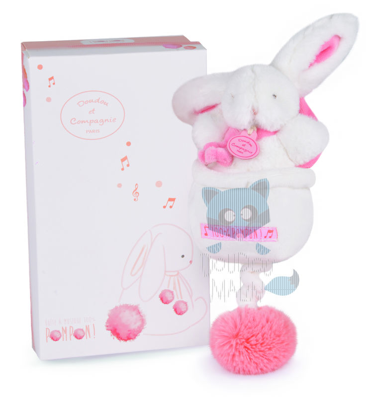  lapin pompon boîte à musique corail rose blanc 